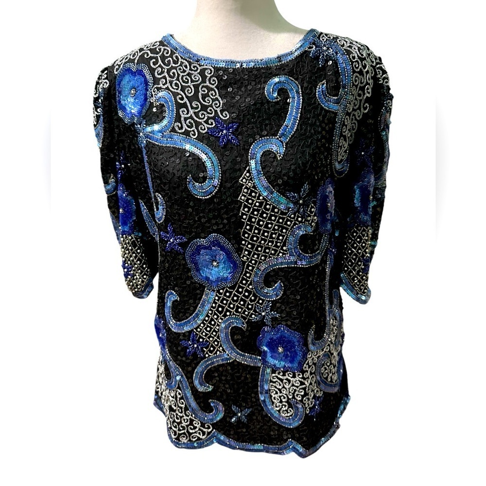 Elegant 100% pure silk Black and Blue Women's Top size M - Picture 1 of 9